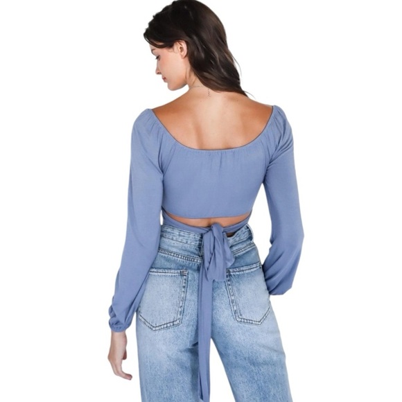 ACTIVE USA Back Tie Puff Long Sleeve Crop Top Steel‎ Blue Purple Size L Shirt - Picture 6 of 6